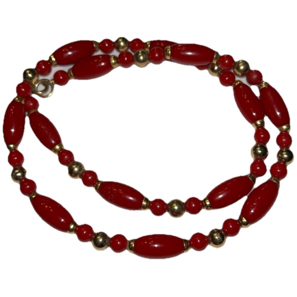 Red and Gold Tone Mid-Century Retro Art Deco Style 24 Inch Necklace Vintage - Picture 4 of 4